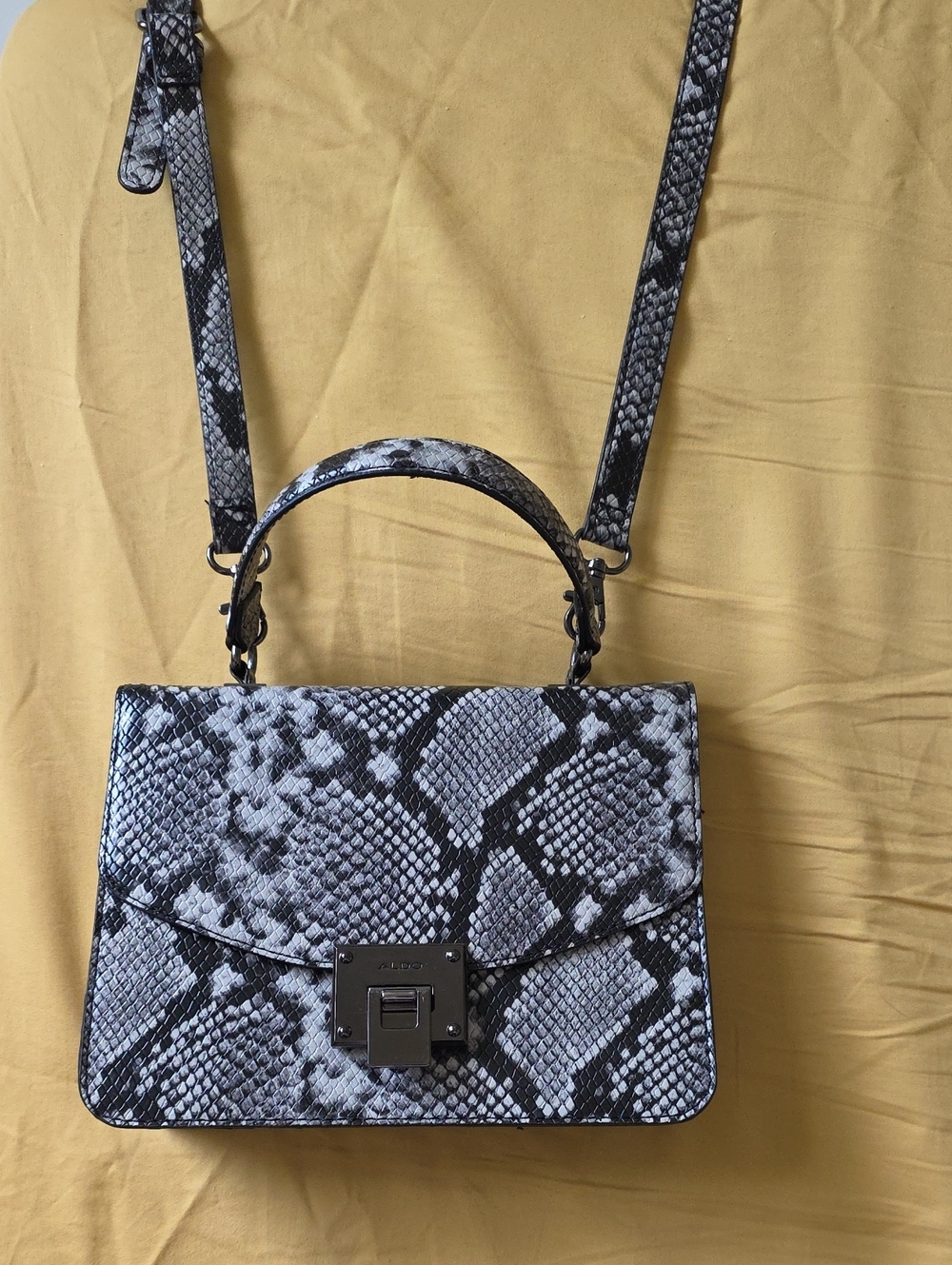 Aldo Black & White Snake-Print Top Handle Shoulder Bag
